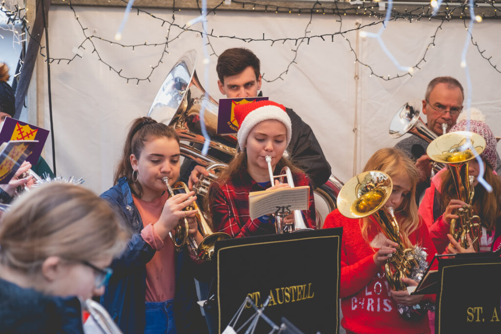 St Austell Christmas band performing at Fowey Christmas Market