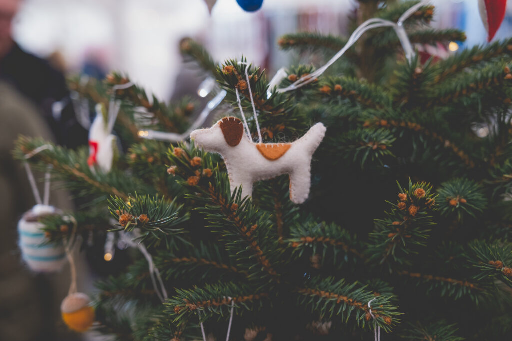 Cute dog Christmas tree ornament at Fowey Christmas Market