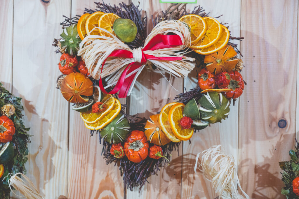 Unique and natural Christmas wreaths in the shape of a heart at Fowey Christmas Market
